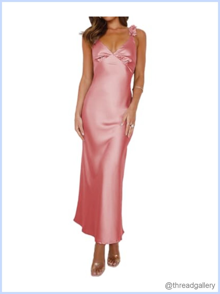 Satin V Neck Midi Dress Women Formal Wedding Guest